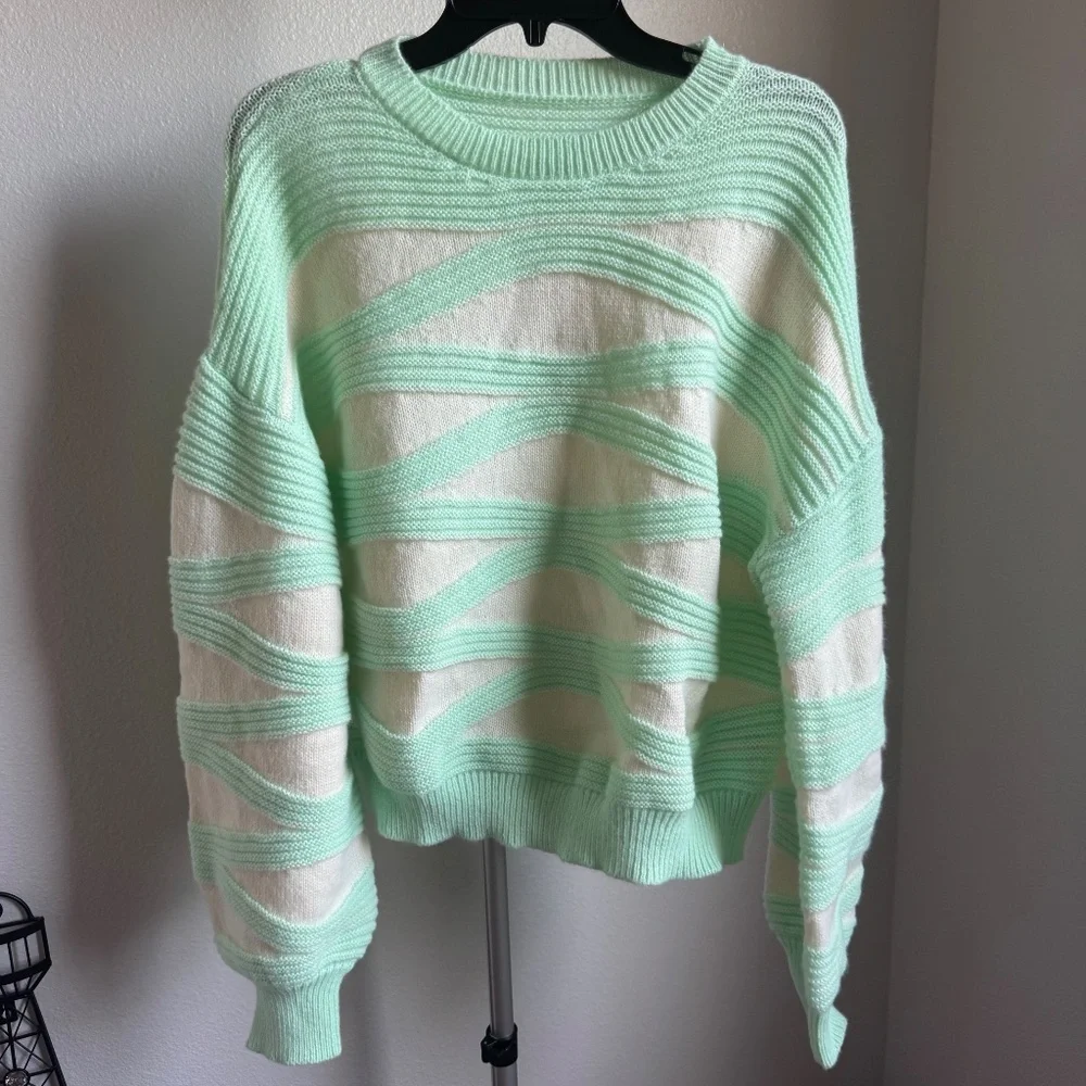 Shein Round Neck Wave Striped Contrast Color Long Sleeve Sweater